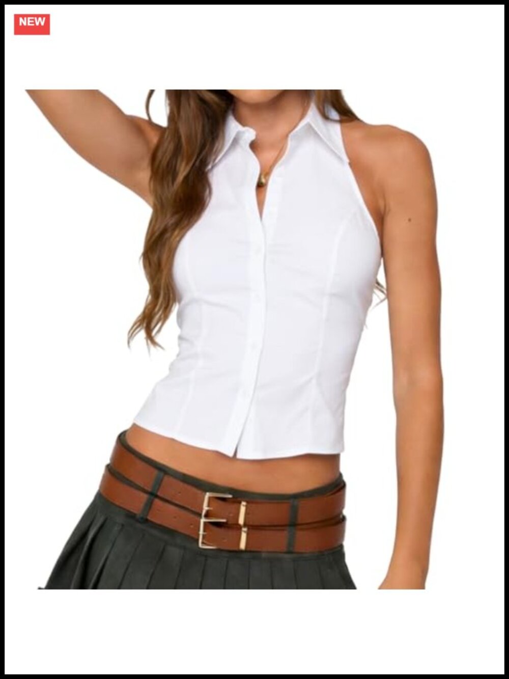 Women Collared Halter Tank Top Sleeveless Button Down Backless Vest